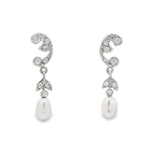 18ct White Gold Diamond & Pearl Drop Earrings