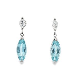 18ct White Gold Marquise Aquamarine & Diamond Drop Earrings