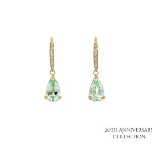 18ct Yellow Gold Mint Tourmaline & Diamond Drop Earrings