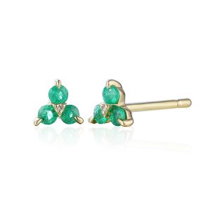 9ct Yellow Gold Emerald Trefoil Stud Earrings With Diamonds