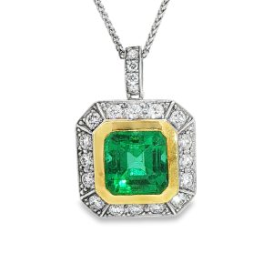 18ct White & Yellow Gold Emerald & Diamond Pendant