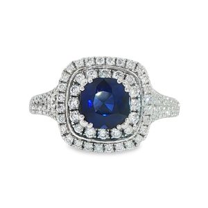 18ct White Gold Cushion Sapphire & Diamond Cluster Ring